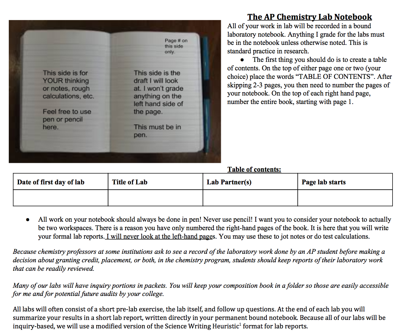 Ap Chemistry Lab Notebook Structure Chemical Education Xchange