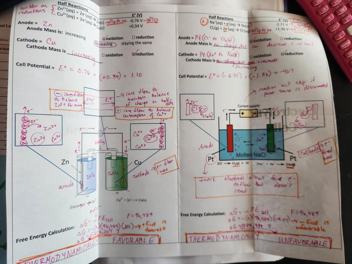 photo of interactive notebook page comparing galvanic and electrolytic cells - AP electrochemistry spread 2