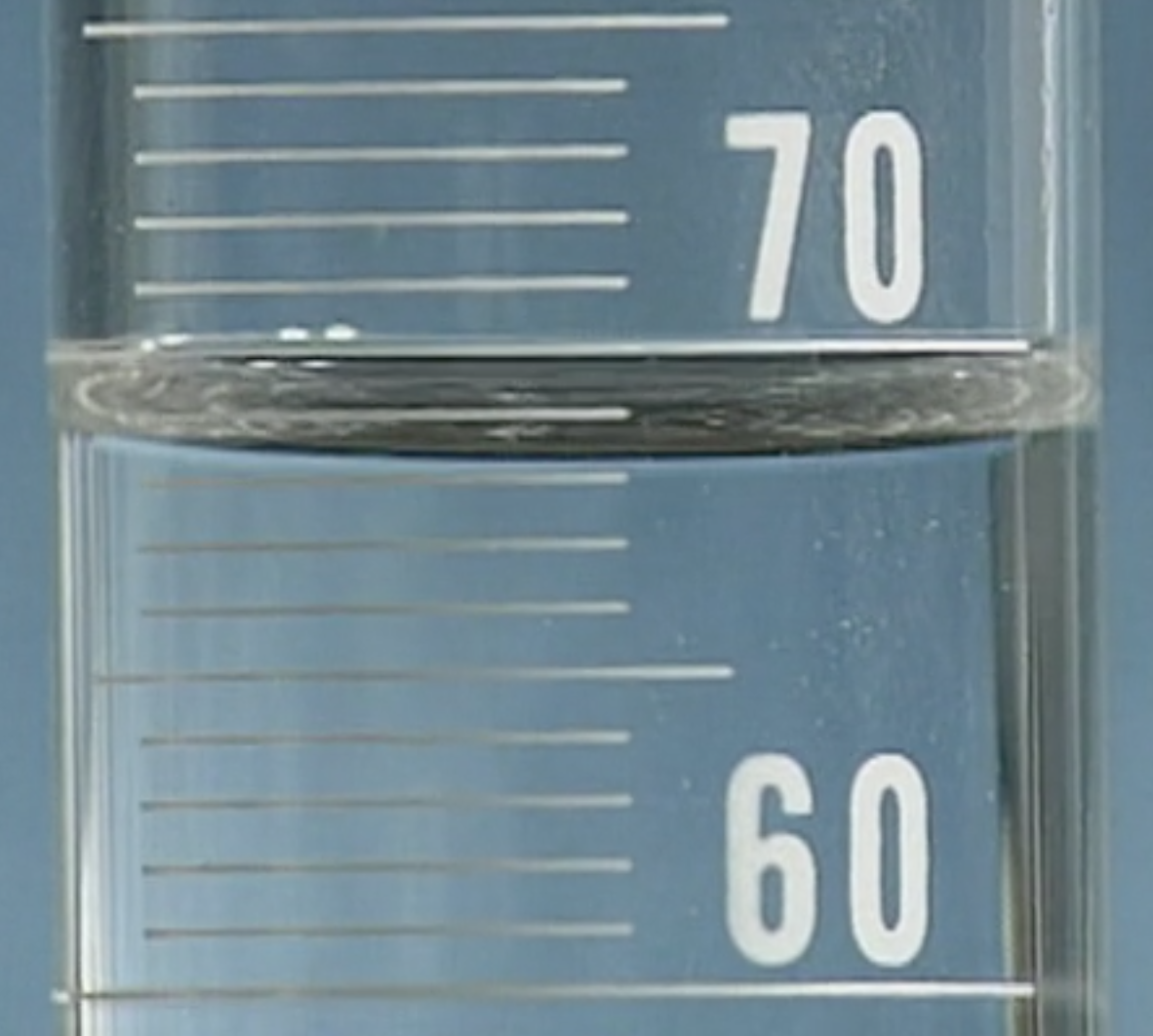 meniscus of clear liquid in graduated cylinder