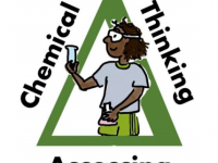 ACCT logo green triangle of text: chemical thinking assessing around a student