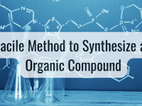 blue background with chalked organic structures along with glassware and title