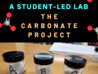 text: A Student-Led Lab: The Carbonate Project over 3 samples glass bottles of unknown white powder