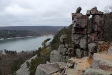 Quartzite outcrops at Sioux Falls, SD, Devils Lake, WI, and Rib Mountain, WI.