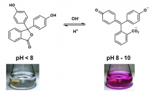 Phenolphthalein structures in aqueous solutions as pH is varied. (molecular structures and image of solution)