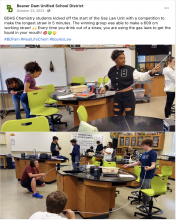 Students in chemistry class competing to create longest straw