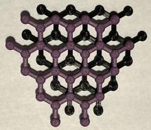 Two 3D printed models of graphene stacked above each other to represent two layers of the graphite structure.