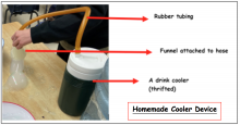Homemade Cooler Device: rubber tubing, funnel attached to hose, thrifted drink cooler,