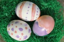 Photochromic glue applied to hard-boiled eggs and viewed in outdoor light