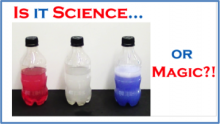 3 bottles with 3 different colored solutions - red, white & blue
