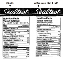 nutrition labels for 1% milk and half & half coffee cream