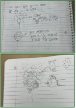 two samples of student work - models of what popping a balloon would look like on particulate level