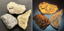 Samples of two rocks bearing fluorescent sodalite and a piece of concrete bearing fluorescent lichen (LEFT) under visible light and (RIGHT) irradiated with 370 nm UV light.