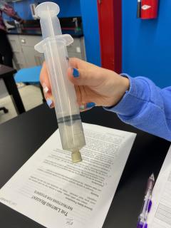 student holding gas collection syringe with a gas producing reaction taking place inside