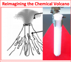 image of volcano (left) test tube with foamy white material (right)