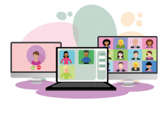 clipart of 3 computer monitors with grids of people in a virtual meeting