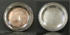 a tarnished silver platter side by side with a clean silver platter