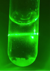 hydrolyzed tin IV oxide with laser light through solution showing colloidal particles