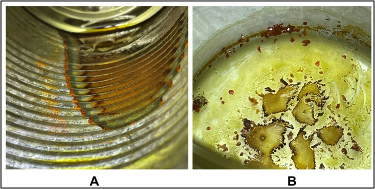 SnI4 residues on the tin plate interior of an empty tin can (Panel A) and a glass beaker (Panel B). 