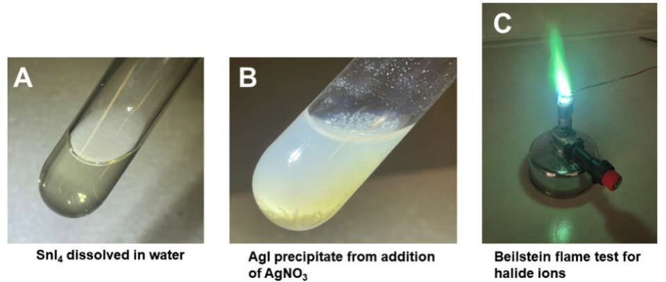 tin IV iodide A-dissolved in water, B-added to silver nitrate = precipitate, C-flame test 