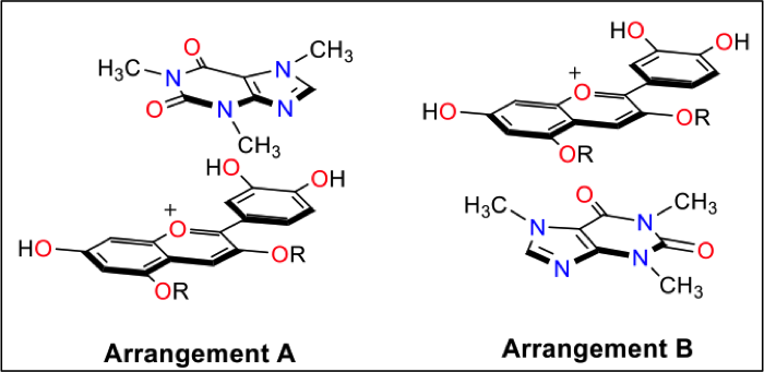 molecular structures showing π stacking arrangements of anthocyanin ring structures with molecules of caffeine. 