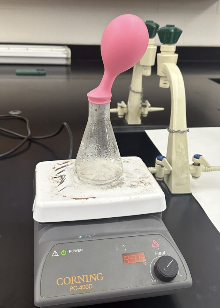 Blowing up a balloon demo - balloon inflating over flask on hotplate