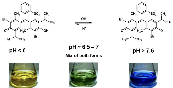 Recently proposed bromothymol blue structures in aqueous solutions as pH is varied. molecular structures and color images