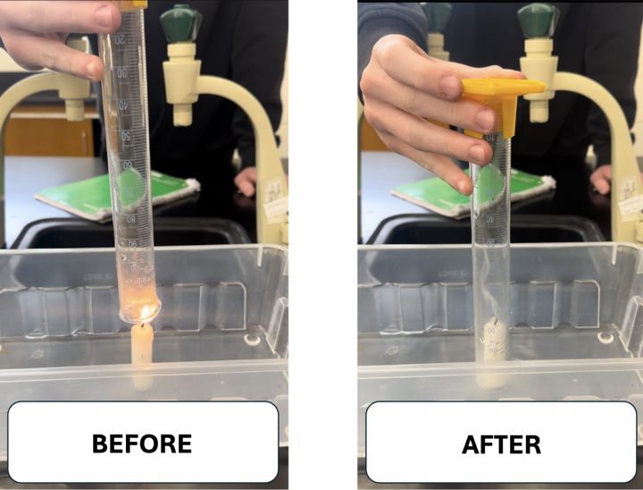 Candle in water and graduated cylinder demo - before image and after image