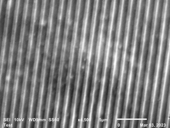 Scanning electron microscope image of tracks in the metal layer peeled up from a CD