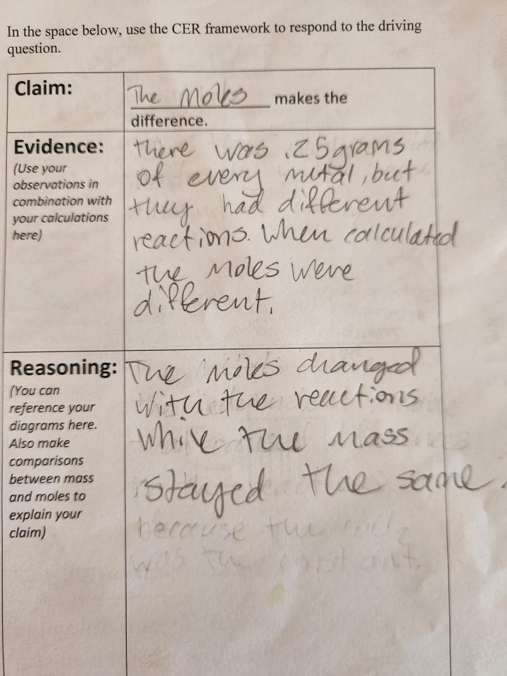 Claim, Evidence, Reasoning portion of worksheet including sample student answers