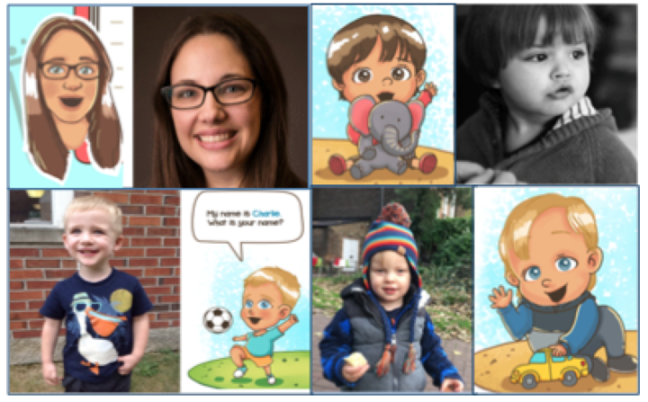 the author and three children along side the characters that they inspired in the children's book