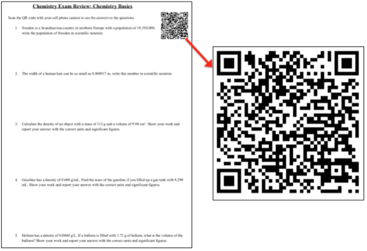 chem review worksheet including QR code to direct student to review video playlist