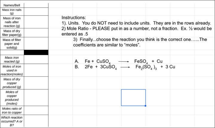 directions and fields for student entry of data on spreadsheet