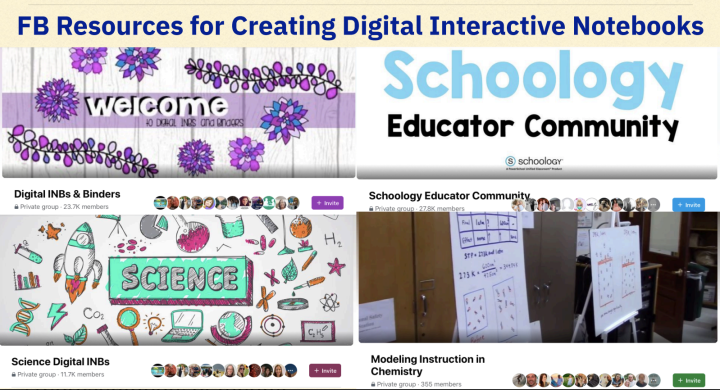 screenshots of 4 Facebook groups Sarah uses for support of digital notebooking