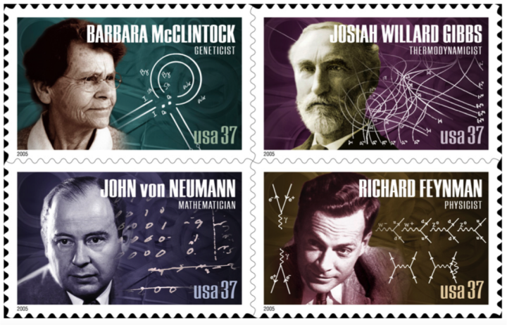Feyman issue stamps sheet #1 featuring R. Feynman, J. W. Gibbs, J. von Neuman, and B.McClintock