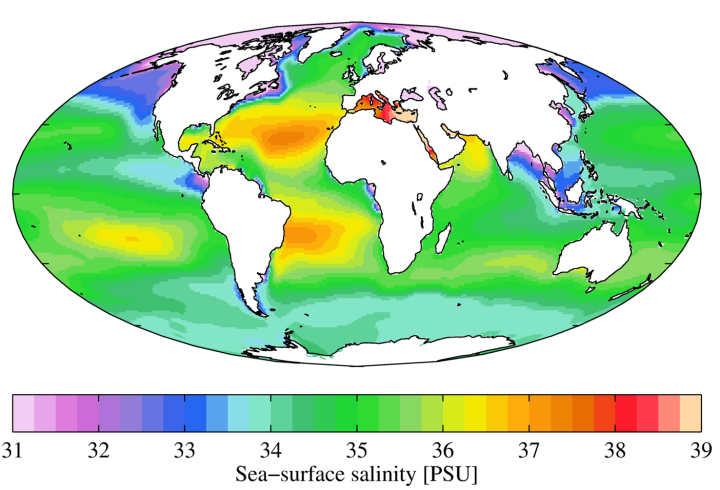 seawater surface salinity values 2009