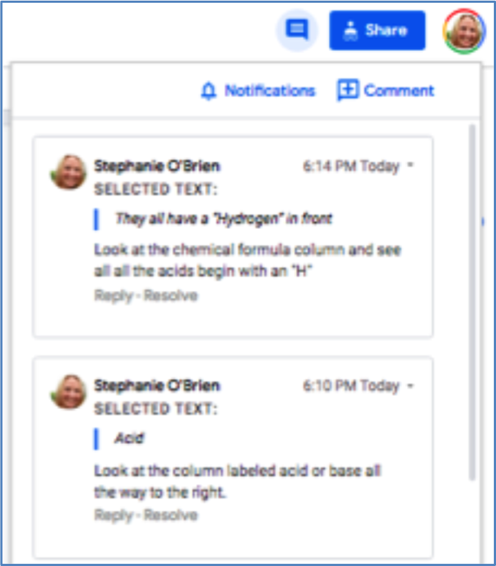 Google Classroom message from teacher