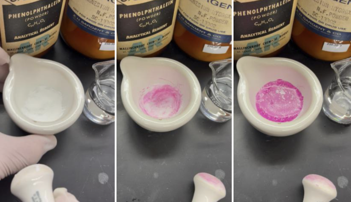 Grinding solid phenolphthalein and solid magnesium&nbsp;hydroxide together using a mortar and pestle