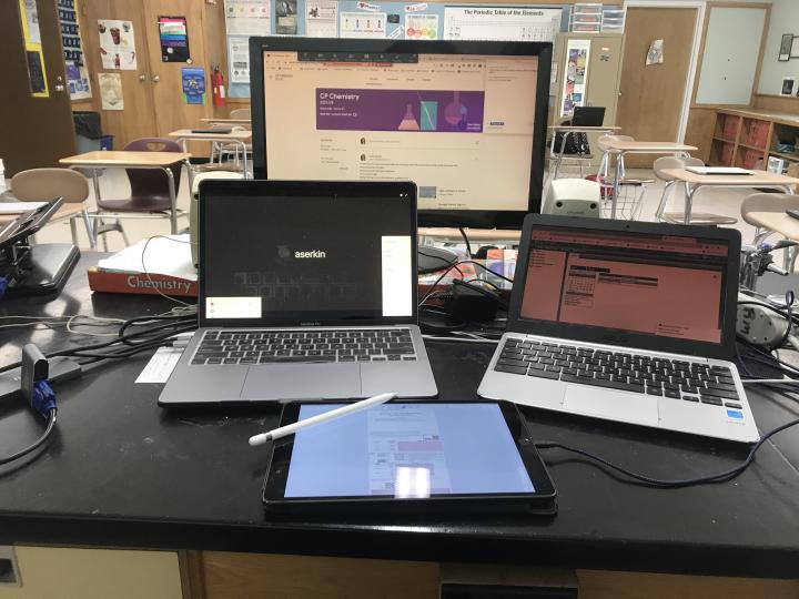 Authors computer set up. 1 desktop, 2 laptops and an iPad