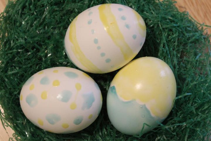 Photochromic glue applied to hard-boiled eggs and viewed in indoor light