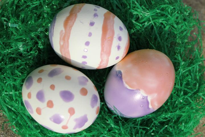 Photochromic glue applied to hard-boiled eggs and viewed in outdoor light