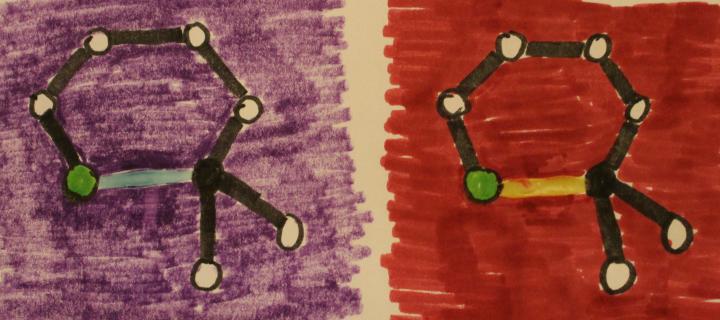 Photochromic glue and drawings of portions of photochromic molecules, before exposure to longwave UV light
