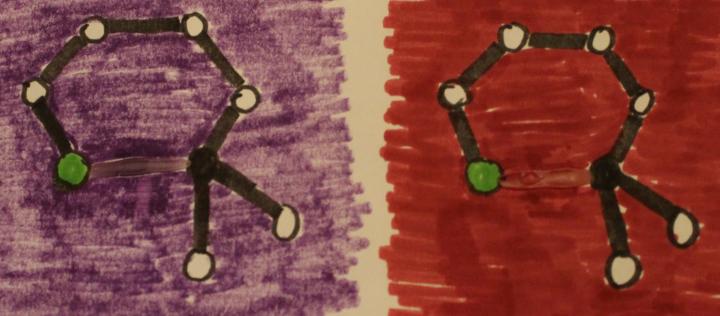Photochromic glue and drawings of portions of photochromic molecules, immediately after exposure to longwave UV light