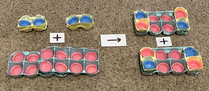 Milk carton models of molecules of oxygen and hydrogen converting to water