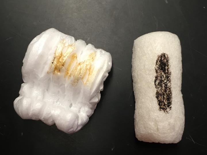 Iodine pen marks on polystyrene and starch packing peanuts