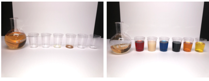 on left-cups with variety of solids, on right-ferric ammonium sulfate solution has been added to cups
