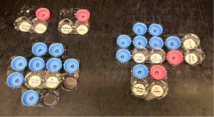 Milk cap models of electron distributions and bonding in of hydrogen atoms, an oxygen atom, and a water molecule. 