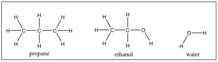 3 structural formulas and corresponding text: propane, ethanol, water