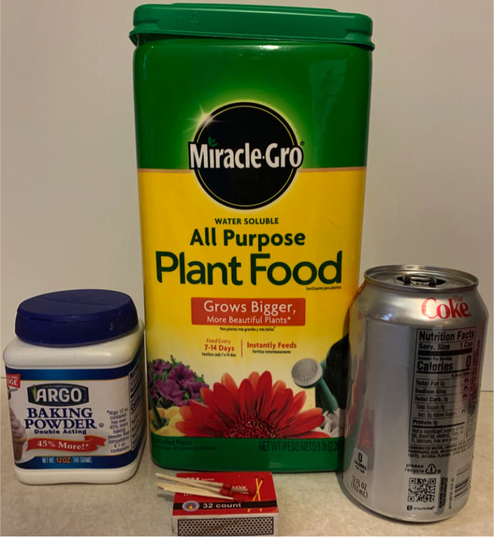 fertilizer, baking powder, diet coke and matches