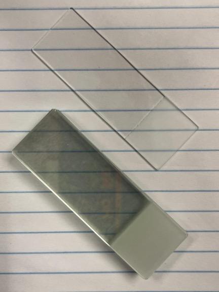 ALT TEXT: (LEFT) Single vs. stack of ten frosted and unfrosted glass slides, and (RIGHT) small hole in glacier ice showing blue color.