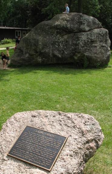  (TOP LEFT) Large boulder, (TOP RIGHT) scratches and “chatter marks” in a smooth rock formation, and (BOTTOM) holes drilled into bedrock by glacier-fed waters swirling stones in circles.